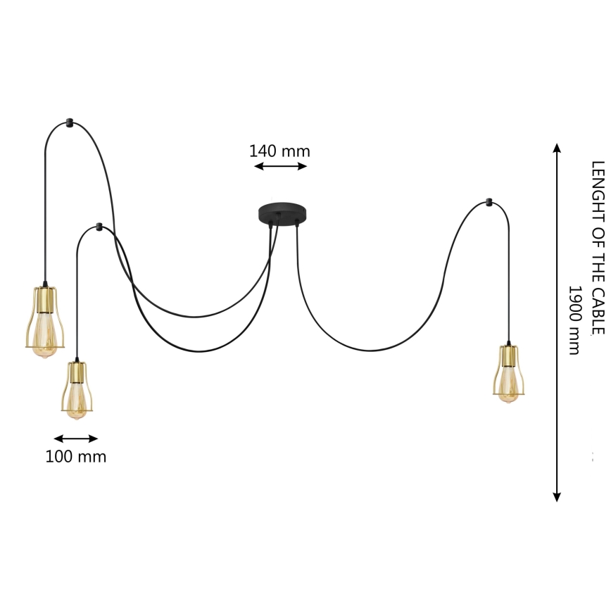Lestenec na vrvici TUBE 3xE27/10W/230V spider črna/zlata