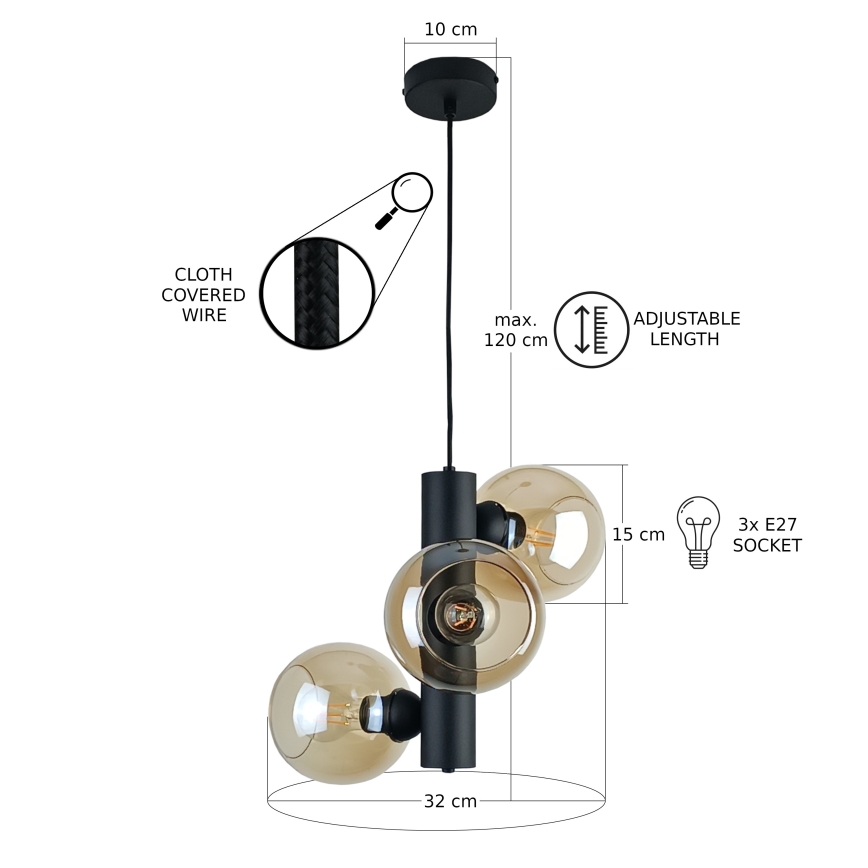 Lestenec na vrvici TUBE 3xE27/60W/230V črna/dimna bež