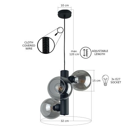 Lestenec na vrvici TUBE 3xE27/60W/230V črna/dimna črna
