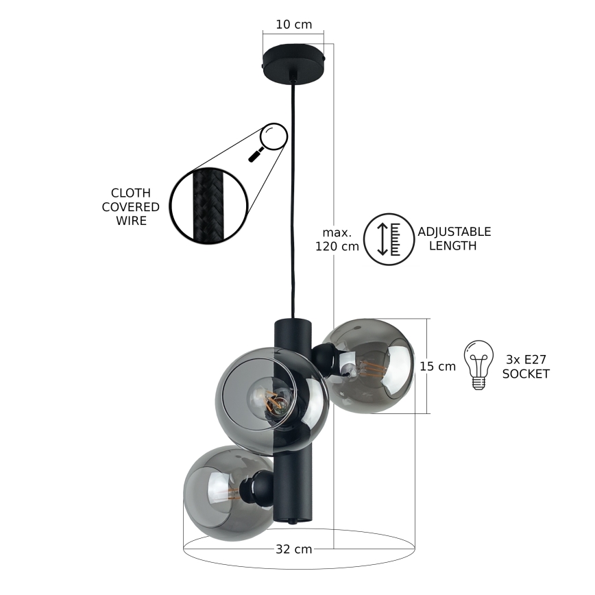 Lestenec na vrvici TUBE 3xE27/60W/230V črna/dimna črna