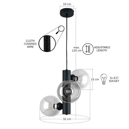 Lestenec na vrvici TUBE 3xE27/60W/230V črna/prozorna