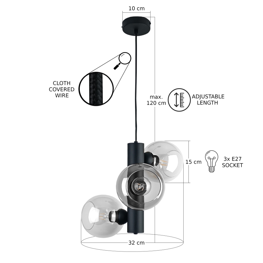 Lestenec na vrvici TUBE 3xE27/60W/230V črna/prozorna