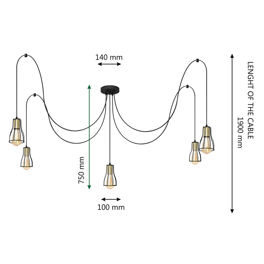 Lestenec na vrvici TUBE 5xE27/15W/230V pajek črna/sijajni krom