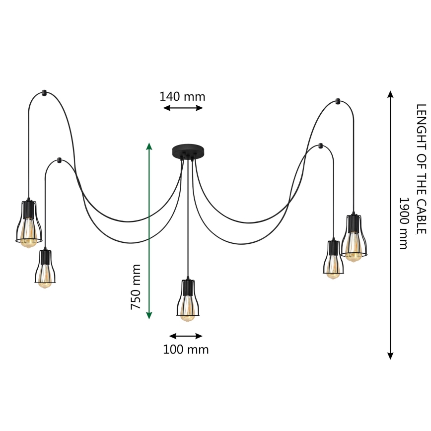 Lestenec na vrvici TUBE 5xE27/15W/230V spider črna