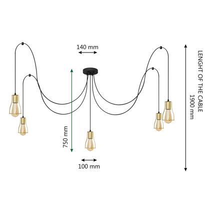 Lestenec na vrvici TUBE 5xE27/15W/230V spider črna/zlata