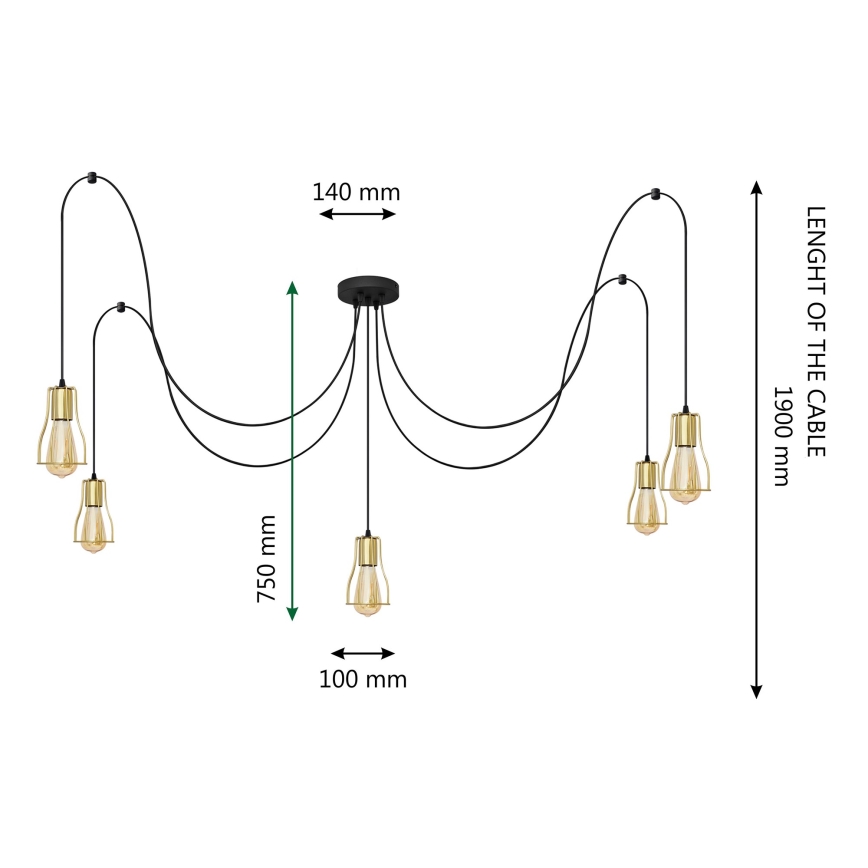 Lestenec na vrvici TUBE 5xE27/15W/230V spider črna/zlata