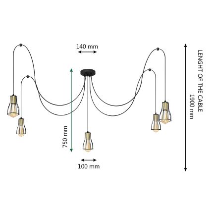 Lestenec na vrvici TUBE 5xE27/15W/230V spider črna/zlata