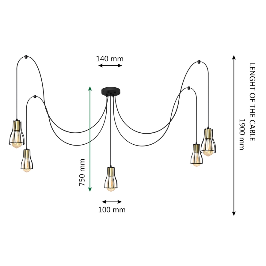 Lestenec na vrvici TUBE 5xE27/15W/230V spider črna/zlata