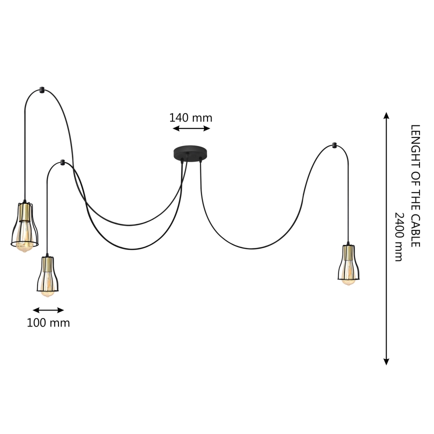 Lestenec na vrvici TUBE LONG 3xE27/15W/230V črna/zlata