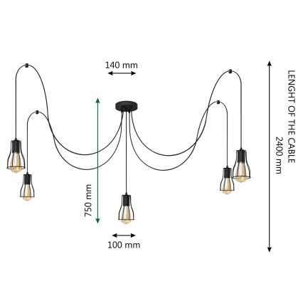 Lestenec na vrvici TUBE LONG 5xE27/10W/230V črna