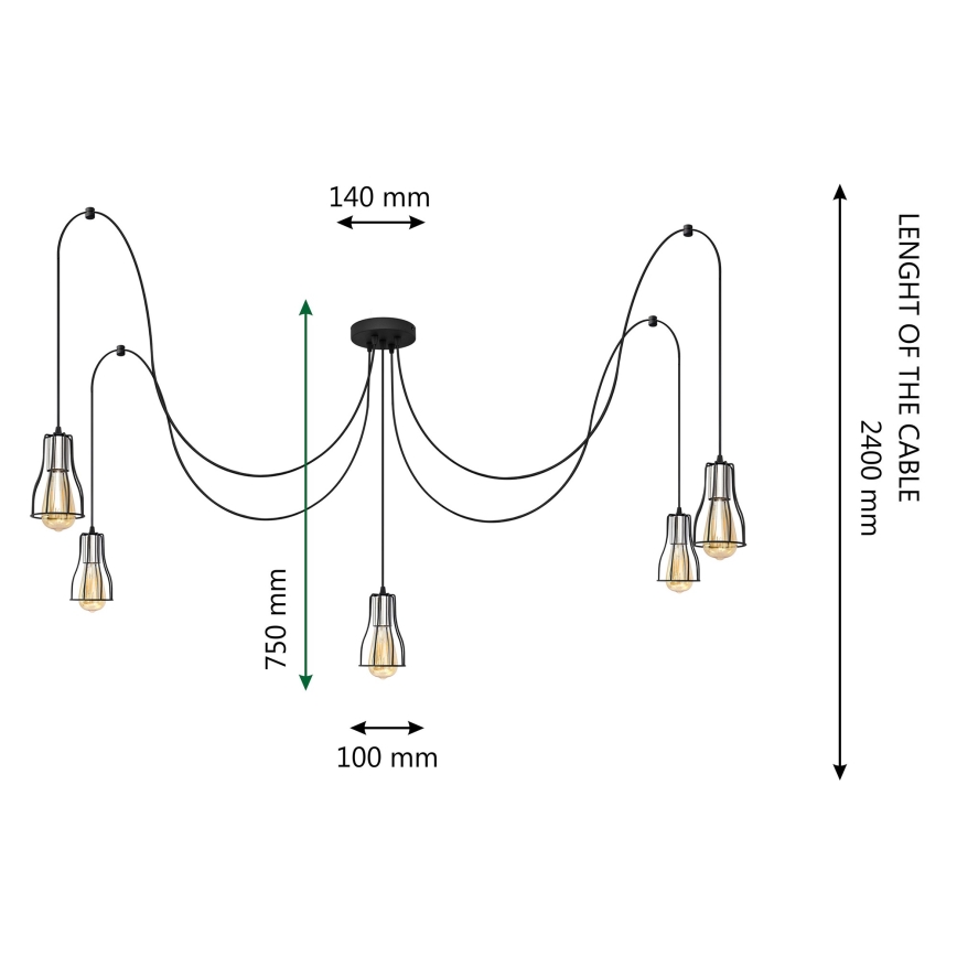 Lestenec na vrvici TUBE LONG 5xE27/15W/230V črna/sijajni krom