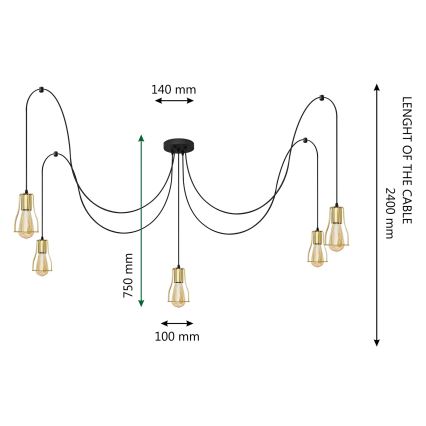 Lestenec na vrvici TUBE LONG 5xE27/15W/230V črna/zlata