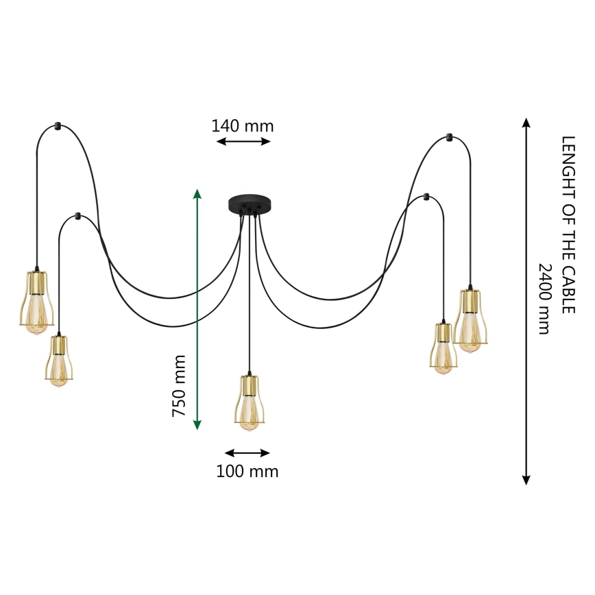 Lestenec na vrvici TUBE LONG 5xE27/15W/230V črna/zlata