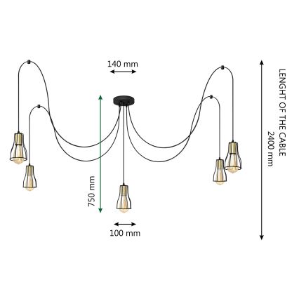 Lestenec na vrvici TUBE LONG 5xE27/15W/230V črna/zlata