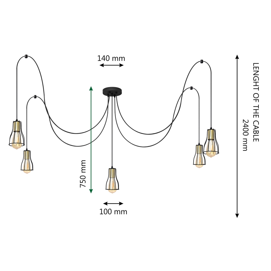 Lestenec na vrvici TUBE LONG 5xE27/15W/230V črna/zlata