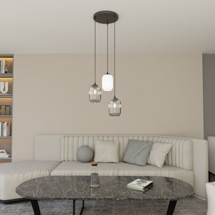 Lestenec na vrvici VERDI 3xE27/15W/230V pr. 30 cm črna/siva/bela