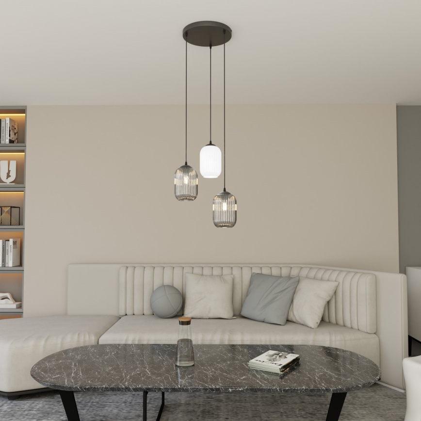 Lestenec na vrvici VERDI 3xE27/15W/230V pr. 30 cm črna/siva/bela