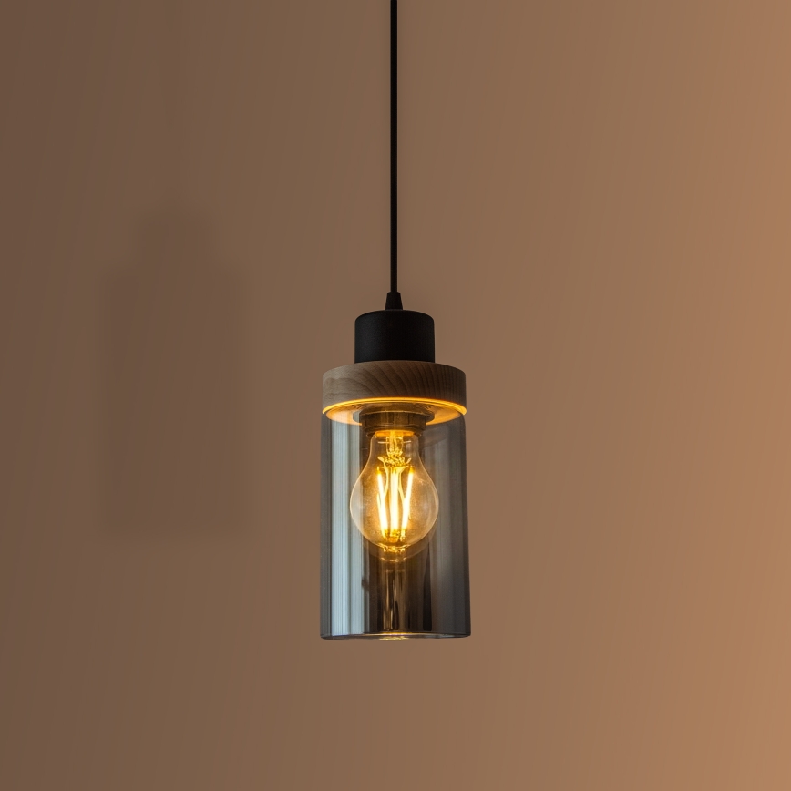 Lestenec na vrvici WOODNEST 1xE27/15W/230V borovina/dimno črna
