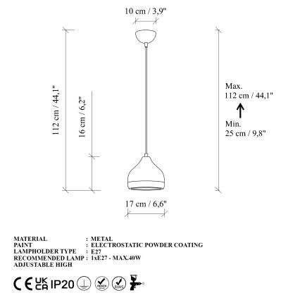 Lestenec na vrvici YILDO 1xE27/40W/230V bela/zlata