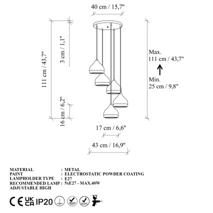 Lestenec na vrvici YILDO 5xE27/40W/230V bela/zlata