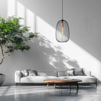 Lestenec na žici OVELLA 1xE27/15W/230V premer 25 cm črna/borovina