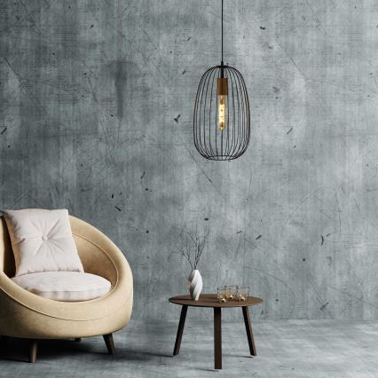 Lestenec na žici OVELLA 1xE27/15W/230V premer 25 cm črna/borovina