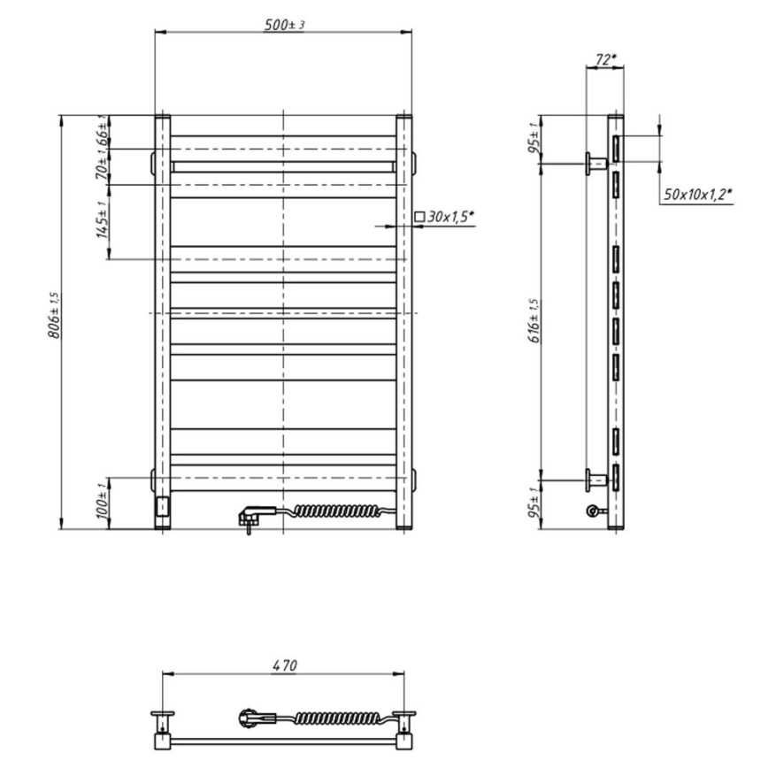 Kopalniški brisačni radiator LARGO z termostatom 432W/230V 80,6 cm IP44 črn desni pravokoten