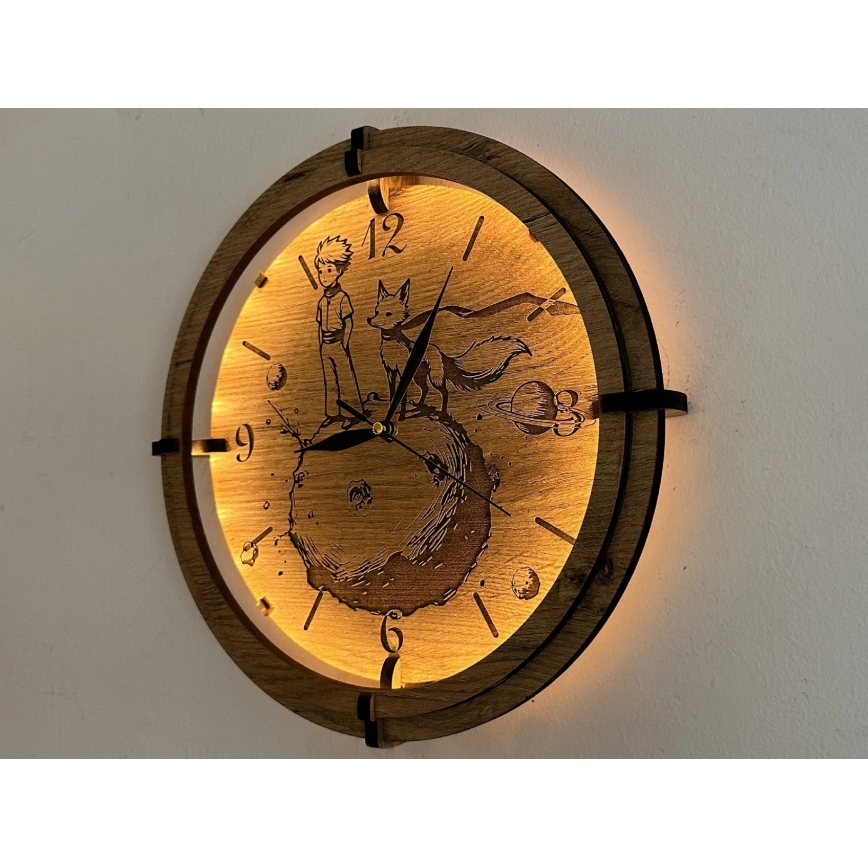 Li-Go 23712/DUB/BAT2 - LED ura z zatemnitvijo in senzorjem gibanja LED/10W/5V 20000 mAh + 1xAA premer 32 cm hrast/Mali princ