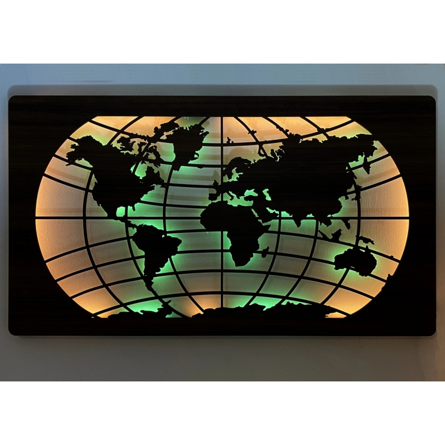 Li-Go 4709/DUB2 - LED RGBW, stenska dekoracija z možnostjo zatemnitve, LED/24W/230V 125x74 cm hrast/zemljevid sveta s paralelami + daljinski upravljalnik