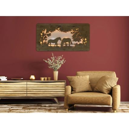 Li-Go 5012/B/4 - Zatemljiva LED stenska dekoracija LED/10W/5V 30000 mAh 120x60 cm hrast/konji + daljinski upravljalnik