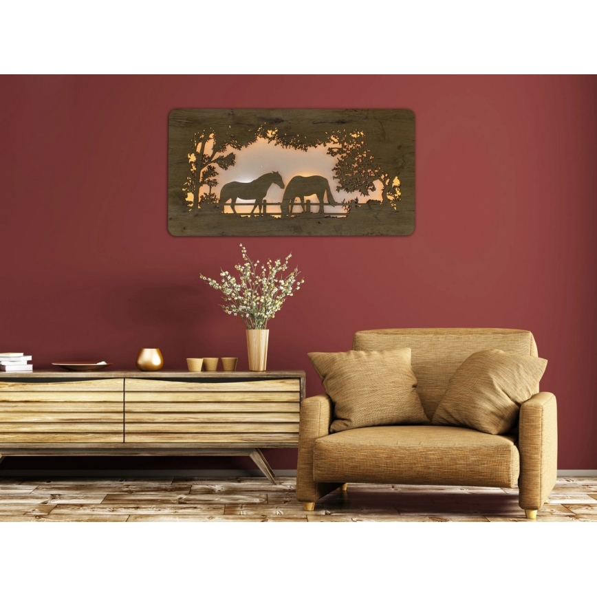 Li-Go 5012/B/4 - Zatemljiva LED stenska dekoracija LED/10W/5V 30000 mAh 120x60 cm hrast/konji + daljinski upravljalnik