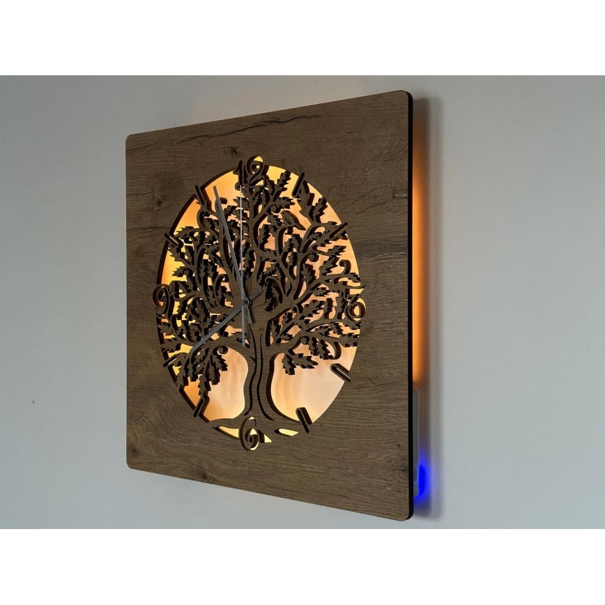 Li-Go 5652/DUB2 - Zatemnjevalna LED stenska ura LED/10W/5V 20000 mAh 42x42 cm hrast/Hrast v krogu + daljinski upravljalnik