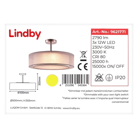 Lindby - LED Zatemnitveni lestenec na drogu PIKKA 3xLED/12W/230V