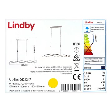 Lindby - LED Zatemnitveni lestenec na vrvici AURON 2xLED/12W/230V