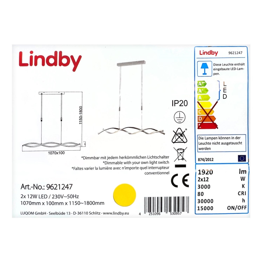 Lindby - LED Zatemnitveni lestenec na vrvici AURON 2xLED/12W/230V