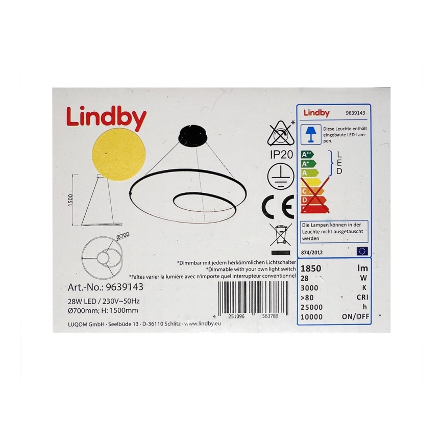 Lindby - LED Zatemnitveni lestenec na vrvici LUCY LED/28W/230V