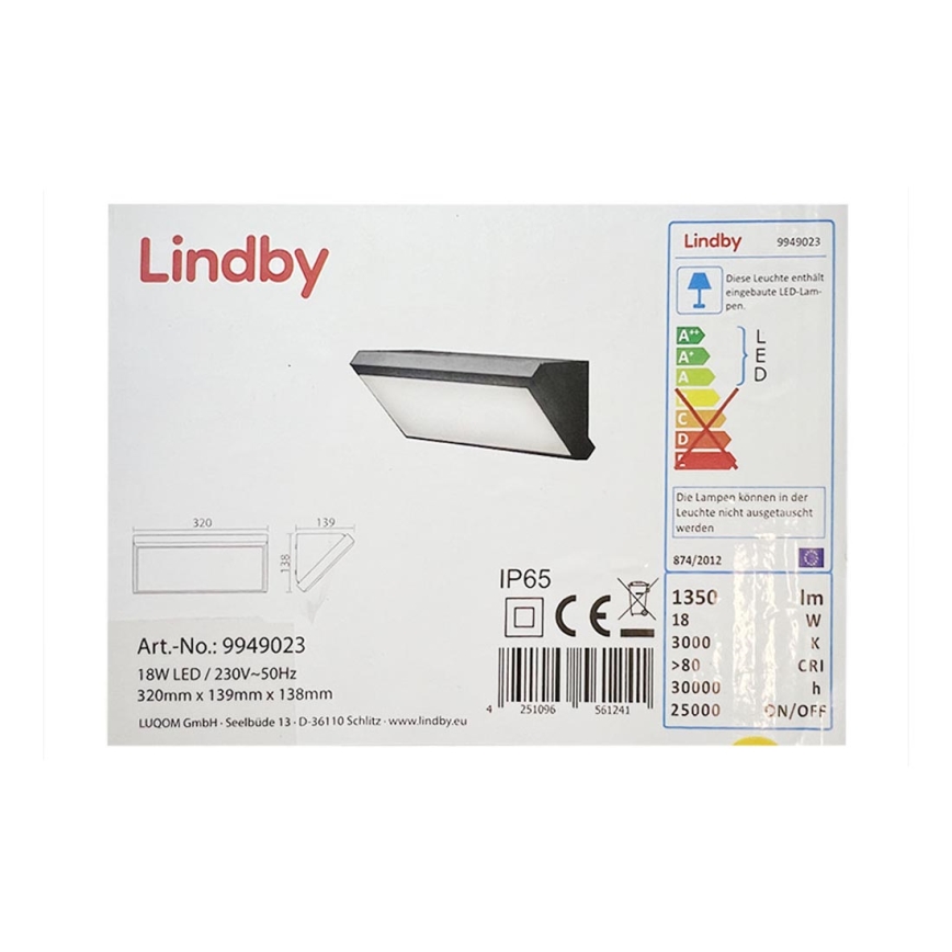 Lindby - LED Zunanja stenska svetilka s senzorjem ABBY LED/18W/230V IP65