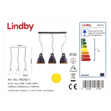Lindby - Lestenec na vrvici IBU 3xE27/60W/230V