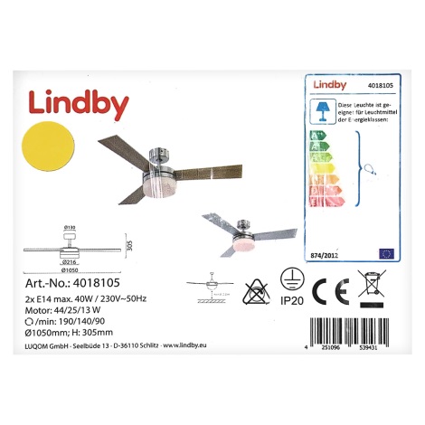 Lindby - Stropni ventilator ALVIN 2xE14/40W/230V + Daljinski upravljalnik