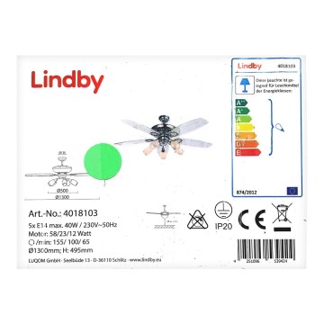 Lindby - Stropni ventilator s svetilko CEDRIK 5xE14/40W/230V