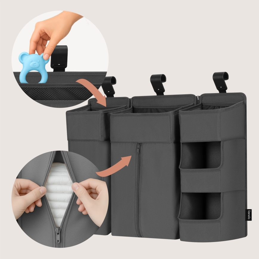 Lionelo - organizator 3 v 1 za posteljico SIDEPOCKET, siva