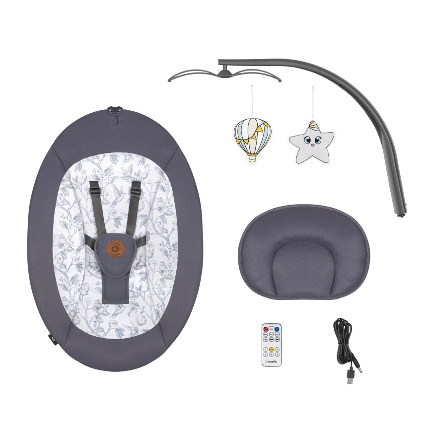 Lionelo - Otroška zibka z melodijo RALF 4xAA siva-bela + daljinski upravljalnik