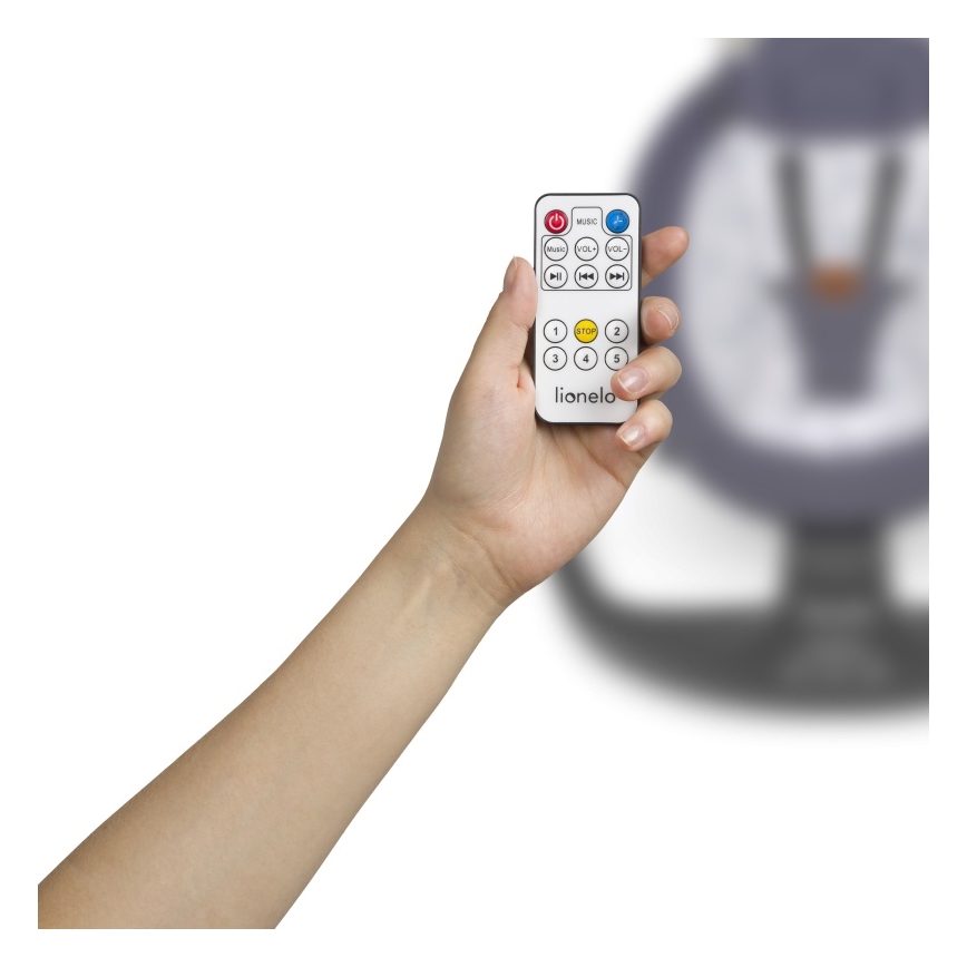 Lionelo - Otroška zibka z melodijo RALF 4xAA siva-bela + daljinski upravljalnik