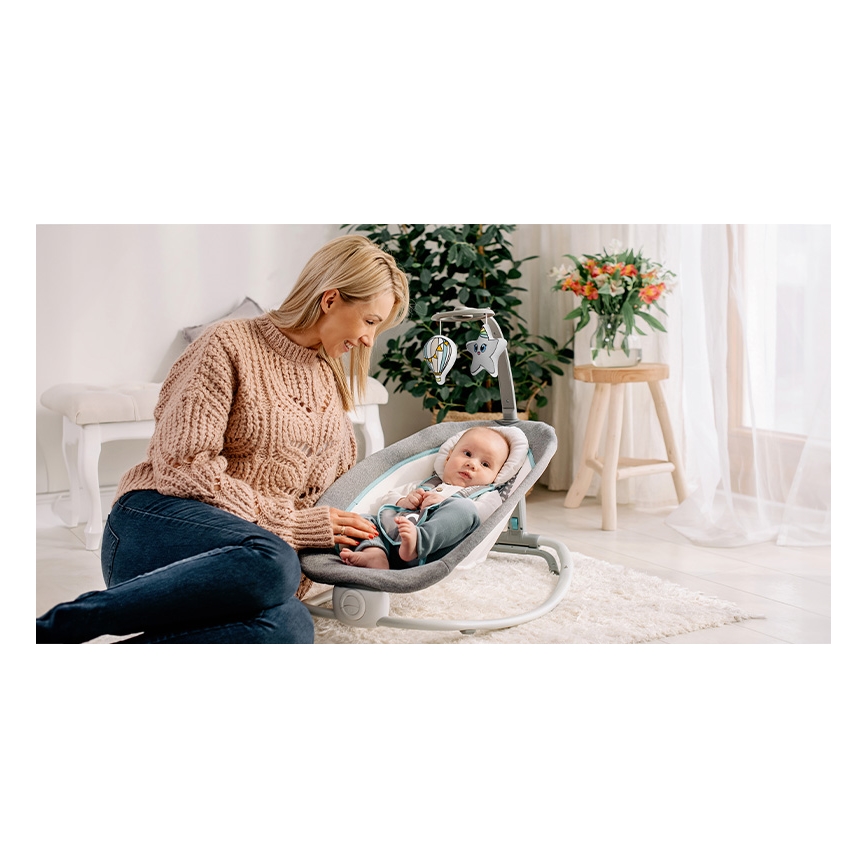 Lionelo - Otroški vibracijski gugalnik s melodijo PASCAL 2xAA siva/turkizna