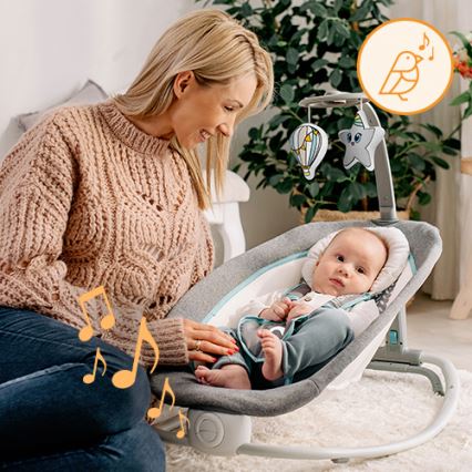 Lionelo - Otroški vibracijski gugalnik s melodijo PASCAL 2xAA siva/turkizna