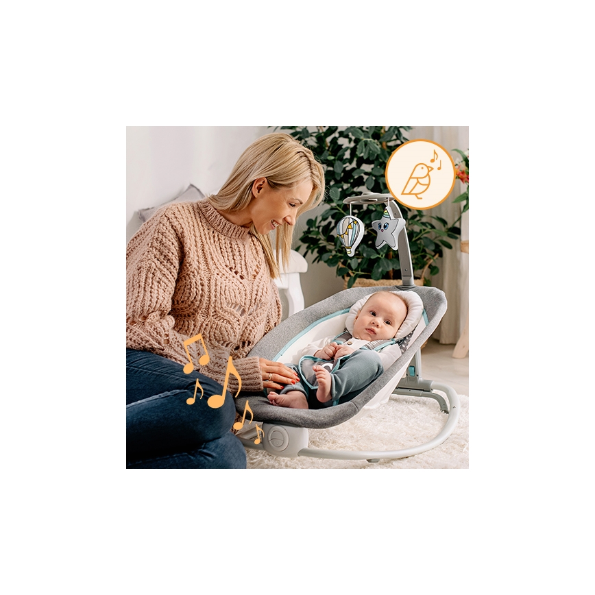 Lionelo - Otroški vibracijski gugalnik s melodijo PASCAL 2xAA siva/turkizna