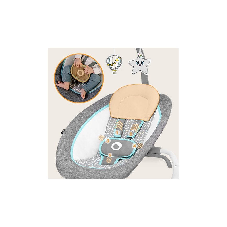 Lionelo - Otroški vibracijski gugalnik s melodijo PASCAL 2xAA siva/turkizna