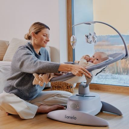 Lionelo - Otroško zibalo z melodijo MELL Grey Stone 4xAA + daljinski upravljalnik