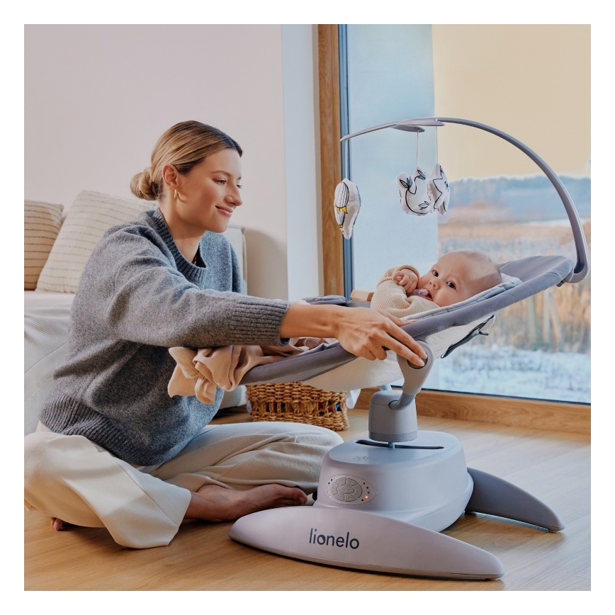 Lionelo - Otroško zibalo z melodijo MELL Grey Stone 4xAA + daljinski upravljalnik
