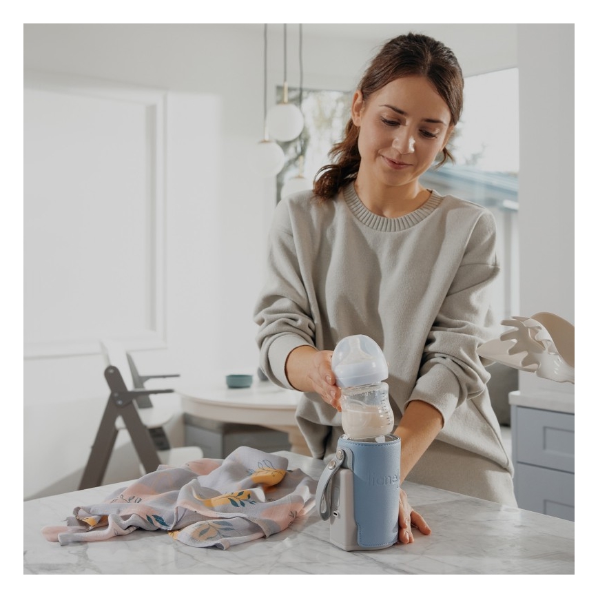 Lionelo - Polnilni grelnik stekleničk THERMUP GO PLUS 10W/5V v modri/sivi barvi